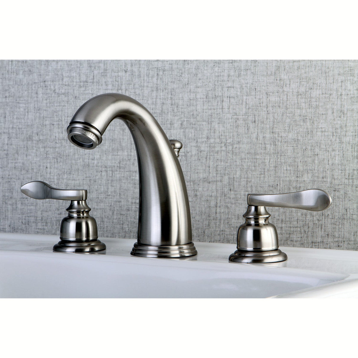 NuWave French KB8988NFL Two-Handle 3-Hole Deck Mount Widespread Bathroom Faucet with Plastic Pop-Up, Brushed Nickel