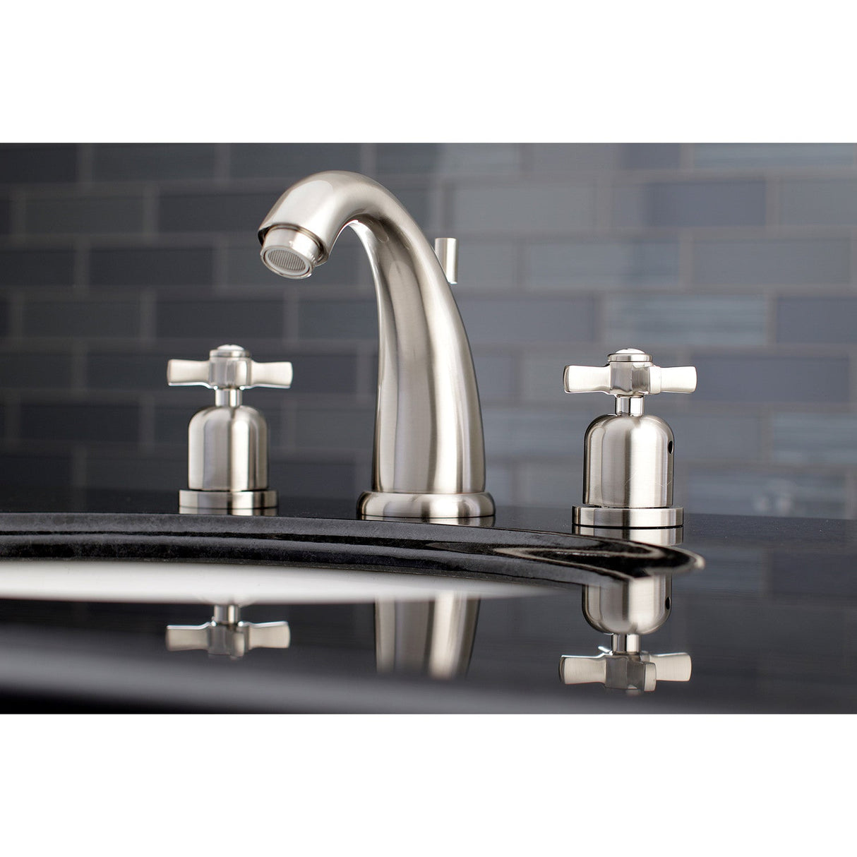 Millennium KB8988ZX Two-Handle 3-Hole Deck Mount Widespread Bathroom Faucet with Plastic Pop-Up, Brushed Nickel