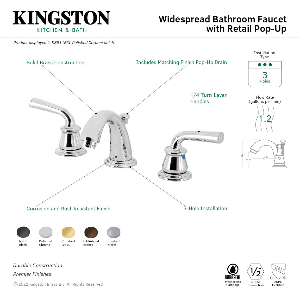 Restoration KB910RXL Two-Handle 3-Hole Deck Mount Widespread Bathroom Faucet with Plastic Pop-Up, Matte Black