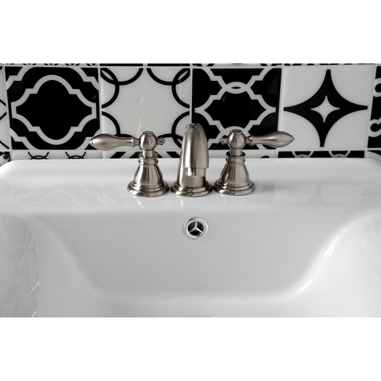 American Classic KB918ACL Two-Handle 3-Hole Deck Mount Widespread Bathroom Faucet with Plastic Pop-Up, Brushed Nickel