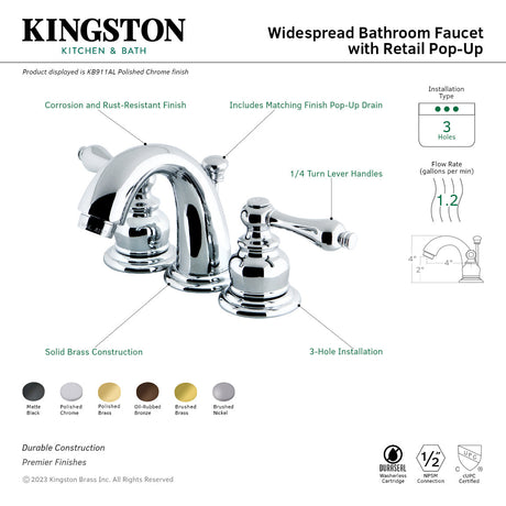 Victorian KB918AL Two-Handle 3-Hole Deck Mount Widespread Bathroom Faucet with Plastic Pop-Up, Brushed Nickel