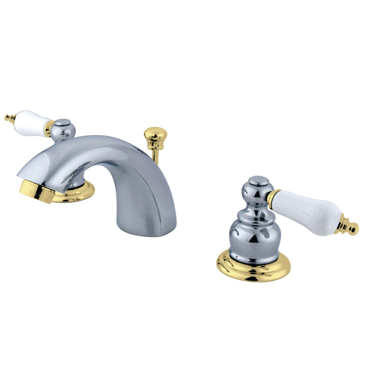 Victorian KB944B Two-Handle 3-Hole Deck Mount Mini-Widespread Bathroom Faucet with Plastic Pop-Up, Polished Chrome/Polished Brass