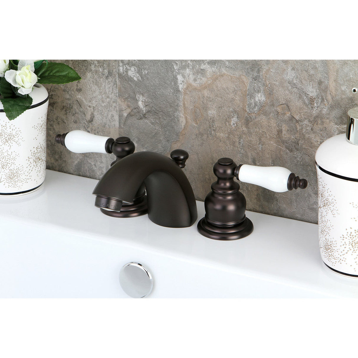 Victorian KB945B Two-Handle 3-Hole Deck Mount Mini-Widespread Bathroom Faucet with Plastic Pop-Up, Oil Rubbed Bronze