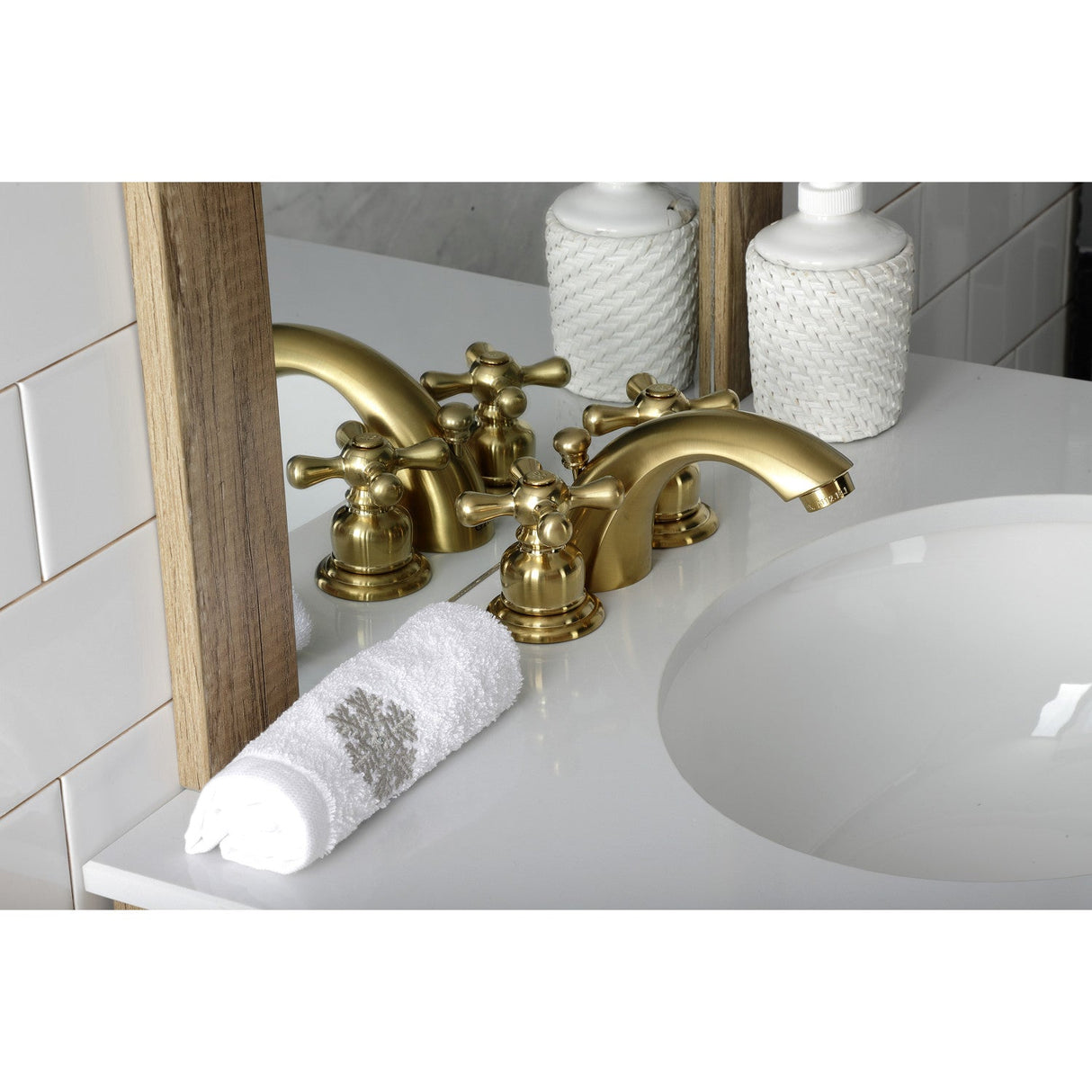 Victorian KB947AXSB Two-Handle 3-Hole Deck Mount Mini-Widespread Bathroom Faucet with Plastic Pop-Up, Brushed Brass