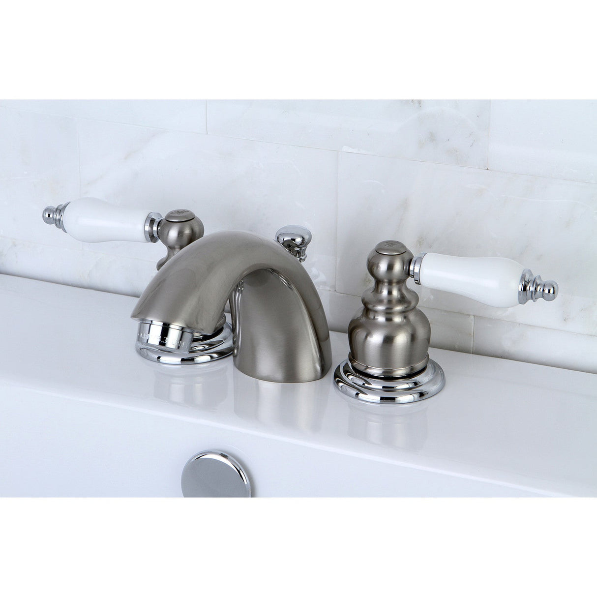 Victorian KB947B Two-Handle 3-Hole Deck Mount Mini-Widespread Bathroom Faucet with Plastic Pop-Up, Brushed Nickel/Polished Chrome