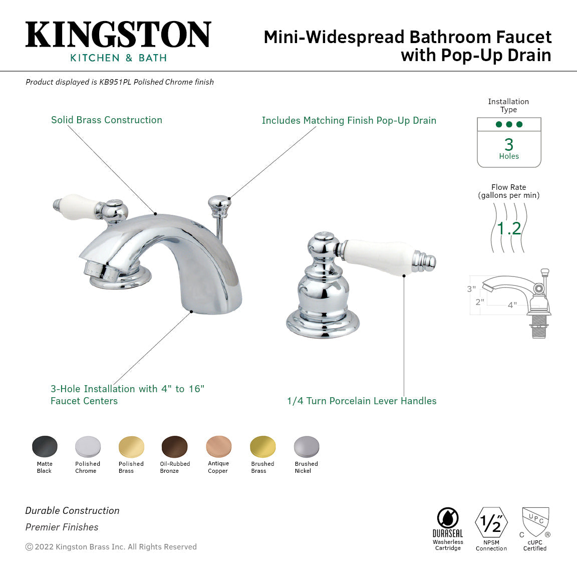 Victorian KB950PL Two-Handle 3-Hole Deck Mount Mini-Widespread Bathroom Faucet with Plastic Pop-Up, Matte Black