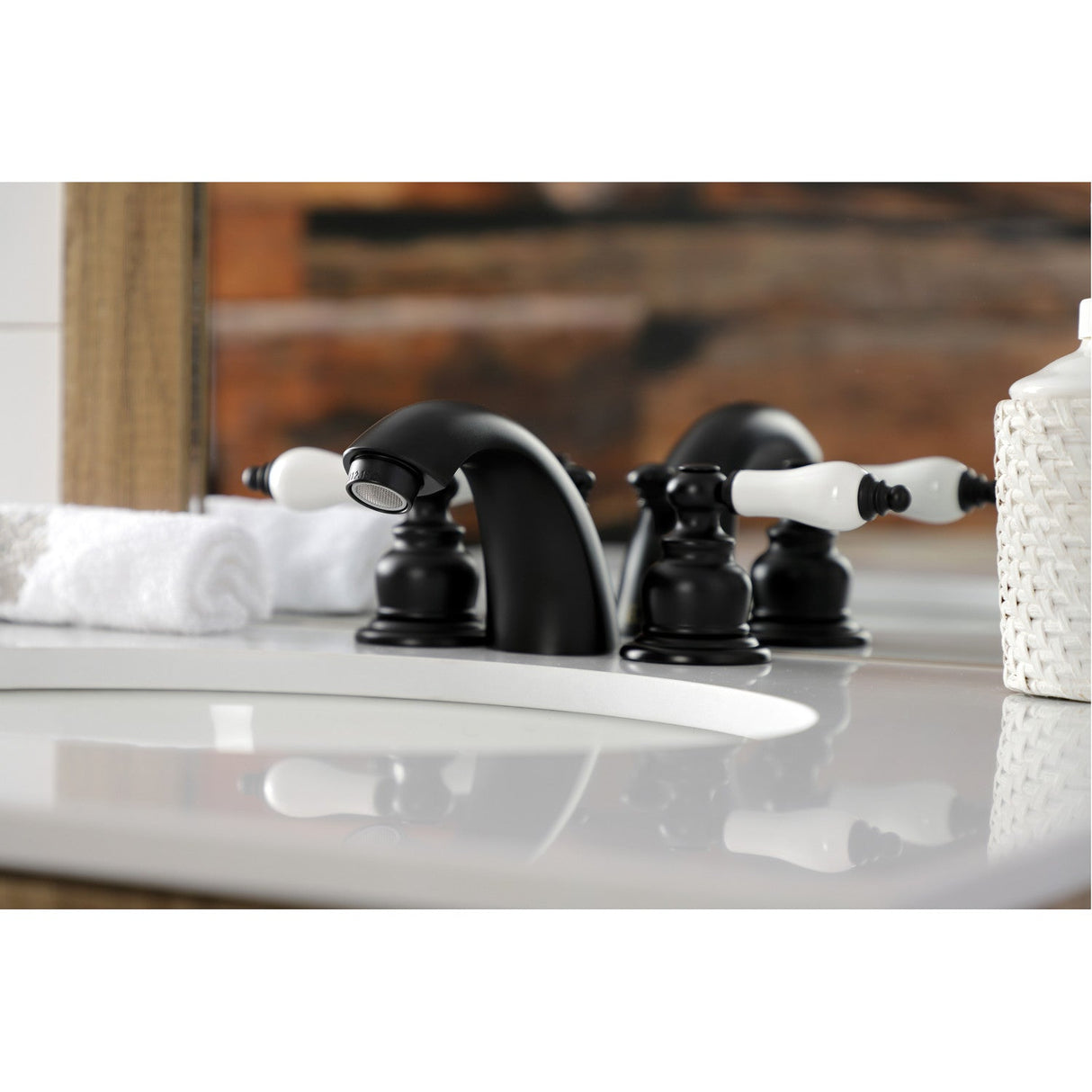 Victorian KB950PL Two-Handle 3-Hole Deck Mount Mini-Widespread Bathroom Faucet with Plastic Pop-Up, Matte Black