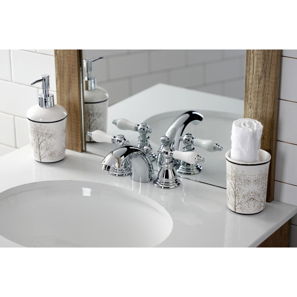 American Patriot KB951APL Two-Handle 3-Hole Deck Mount Mini-Widespread Bathroom Faucet with Plastic Pop-Up, Polished Chrome