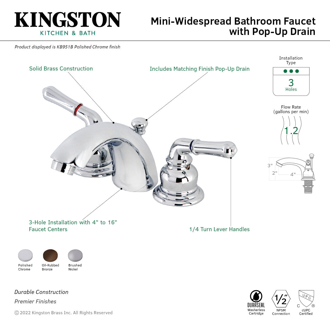 Victorian KB951B Two-Handle 3-Hole Deck Mount Mini-Widespread Bathroom Faucet with Brass Pop-Up, Polished Chrome