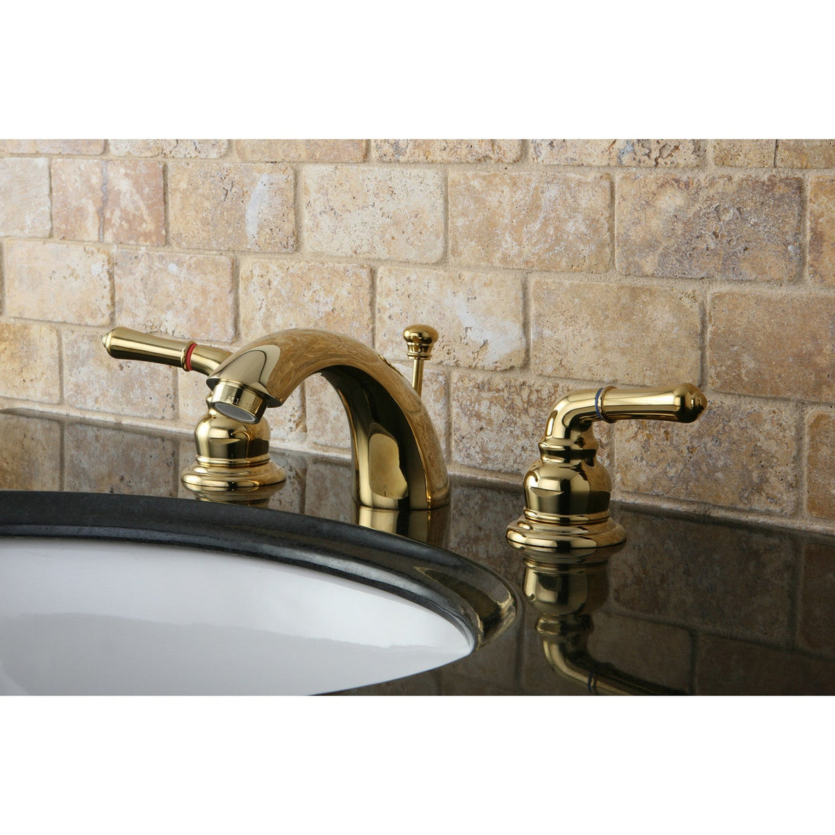 Magellan KB952 Two-Handle 3-Hole Deck Mount Mini-Widespread Bathroom Faucet with Plastic Pop-Up, Polished Brass