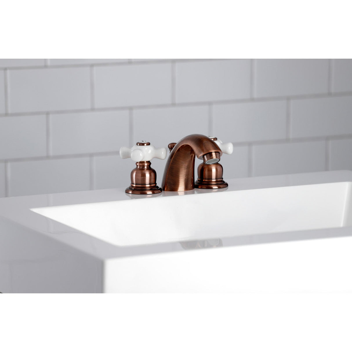 Victorian KB956PX Two-Handle 3-Hole Deck Mount Mini-Widespread Bathroom Faucet with Plastic Pop-Up, Antique Copper