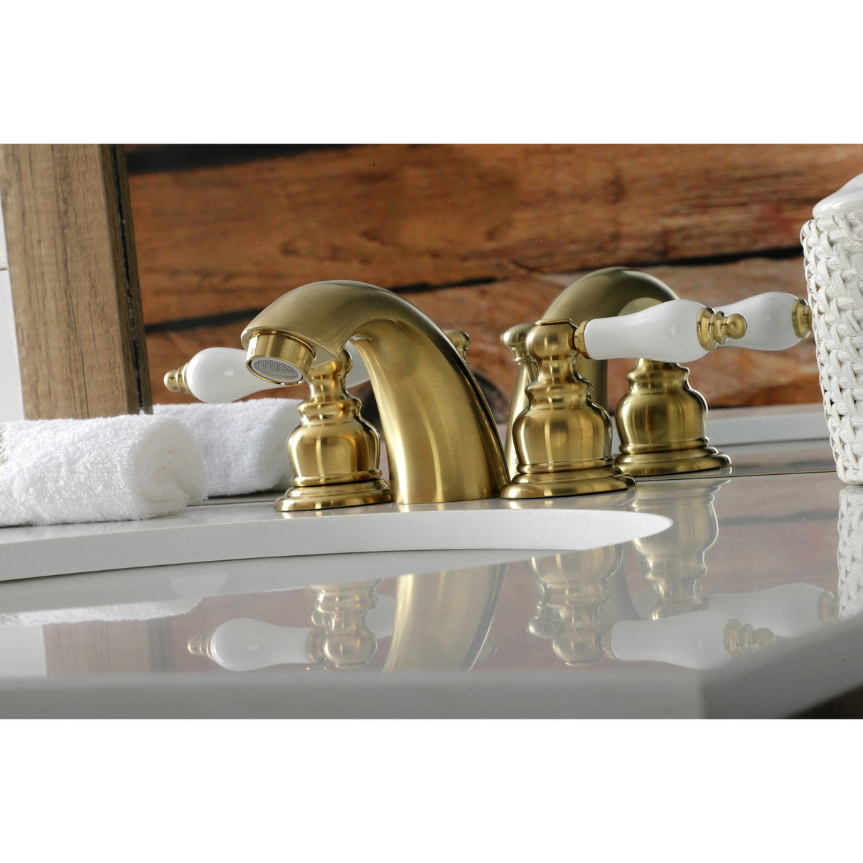 Victorian KB957PLSB Two-Handle 3-Hole Deck Mount Mini-Widespread Bathroom Faucet with Plastic Pop-Up, Brushed Brass