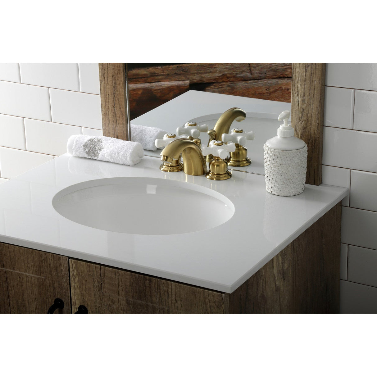 Victorian KB957PXSB Two-Handle 3-Hole Deck Mount Mini-Widespread Bathroom Faucet with Plastic Pop-Up, Brushed Brass