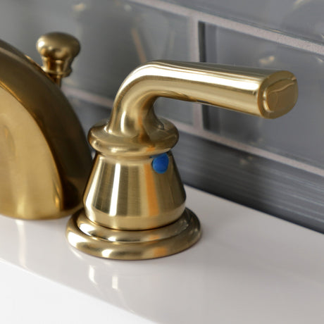 Restoration KB957RXLSB Two-Handle 3-Hole Deck Mount Mini-Widespread Bathroom Faucet with Plastic Pop-Up, Brushed Brass