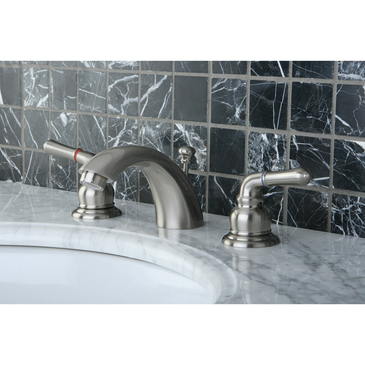 Magellan KB958 Two-Handle 3-Hole Deck Mount Mini-Widespread Bathroom Faucet with Plastic Pop-Up, Brushed Nickel