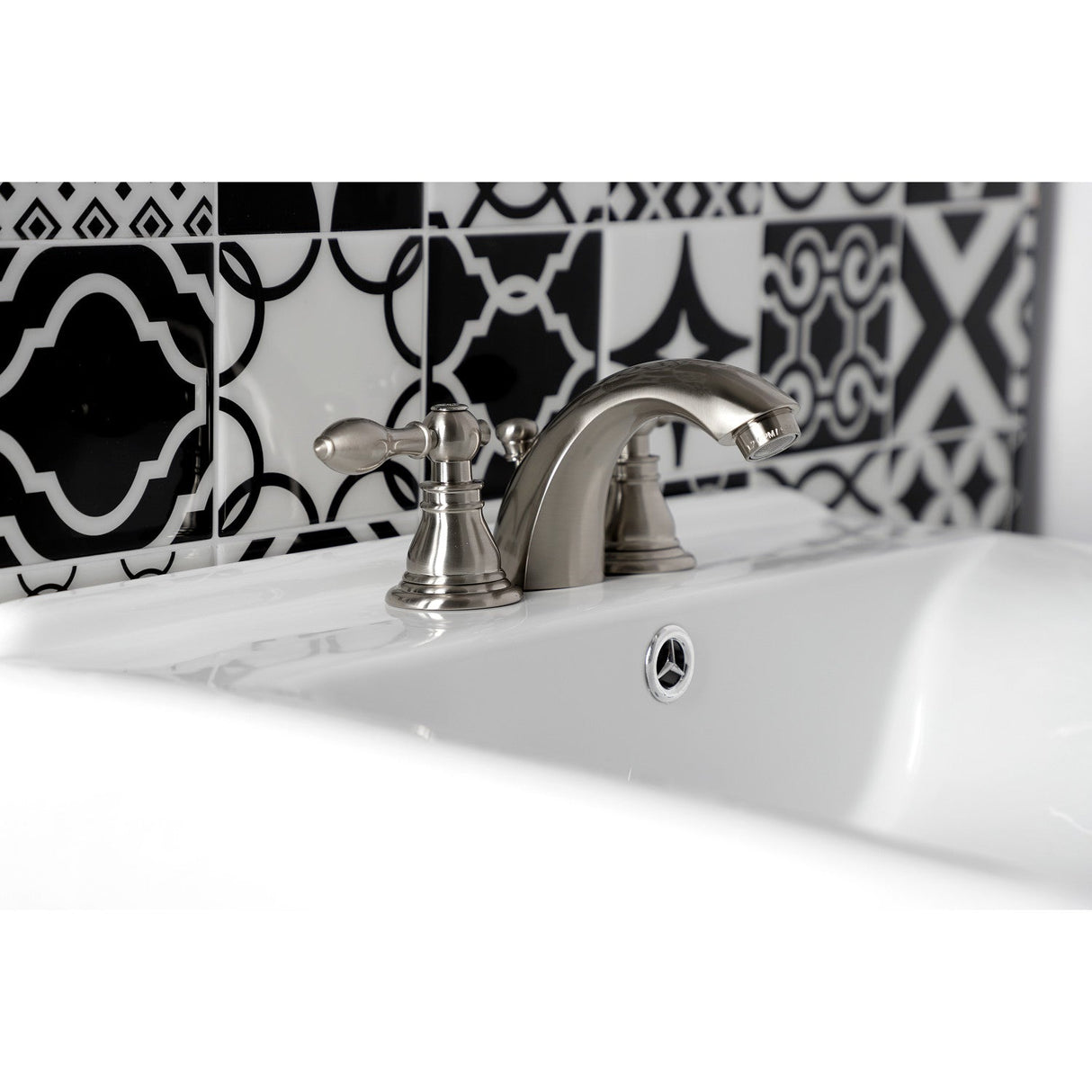 American Classic KB958ACL Two-Handle 3-Hole Deck Mount Mini-Widespread Bathroom Faucet with Plastic Pop-Up, Brushed Nickel