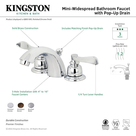 NuWave French KB958NFL Two-Handle 3-Hole Deck Mount Mini-Widespread Bathroom Faucet with Plastic Pop-Up, Brushed Nickel