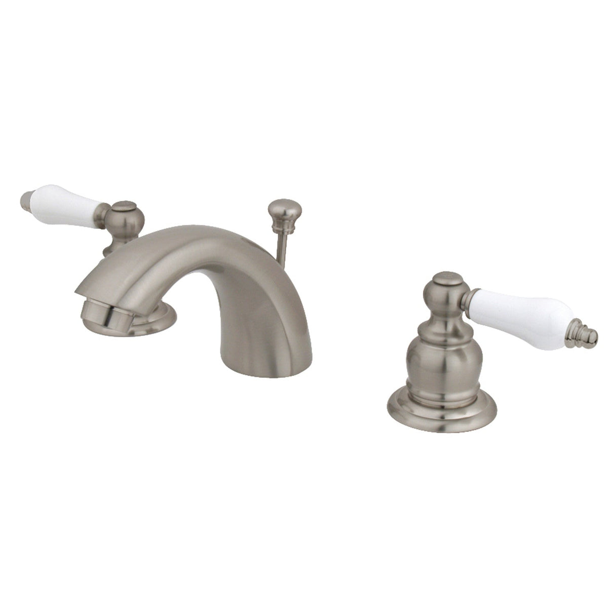 Victorian KB958PL Two-Handle 3-Hole Deck Mount Mini-Widespread Bathroom Faucet with Plastic Pop-Up, Brushed Nickel