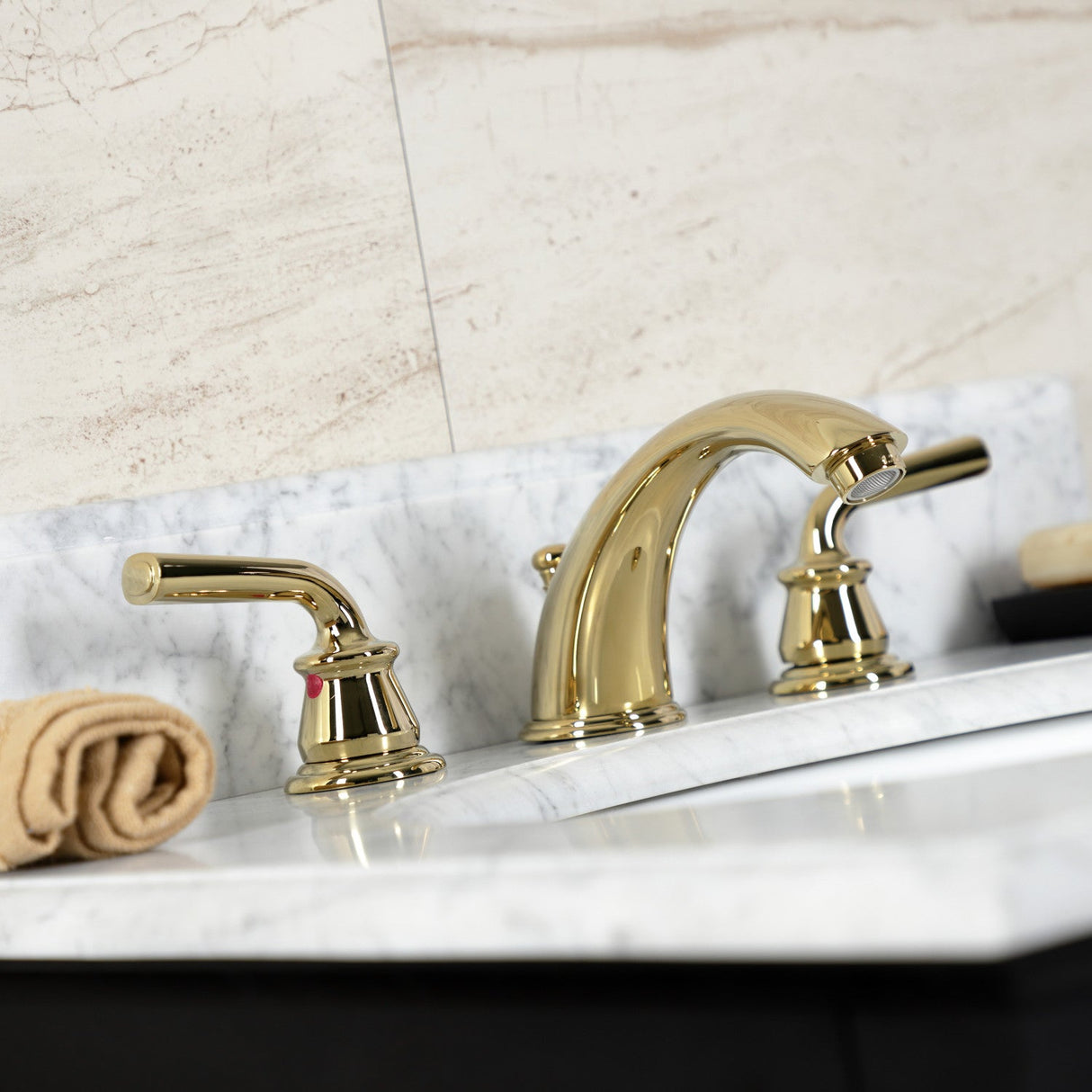 Restoration KB962RXL Two-Handle 3-Hole Deck Mount Widespread Bathroom Faucet with Plastic Pop-Up, Polished Brass