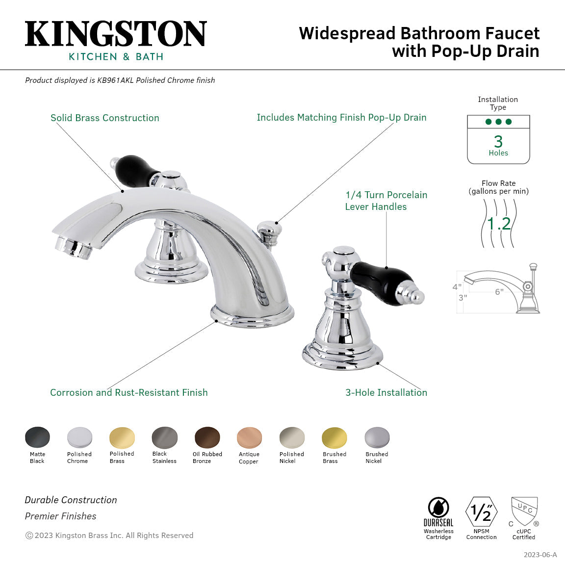 Duchess KB965AKL Two-Handle 3-Hole Deck Mount Widespread Bathroom Faucet with Plastic Pop-Up, Oil Rubbed Bronze