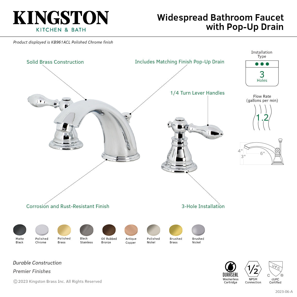 American Classic KB966ACL Two-Handle 3-Hole Deck Mount Widespread Bathroom Faucet with Plastic Pop-Up, Antique Copper