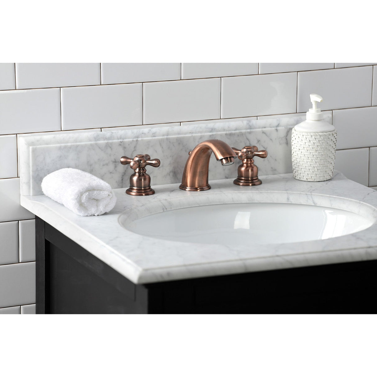 Victorian KB966AX Two-Handle 3-Hole Deck Mount Widespread Bathroom Faucet with Plastic Pop-Up, Antique Copper