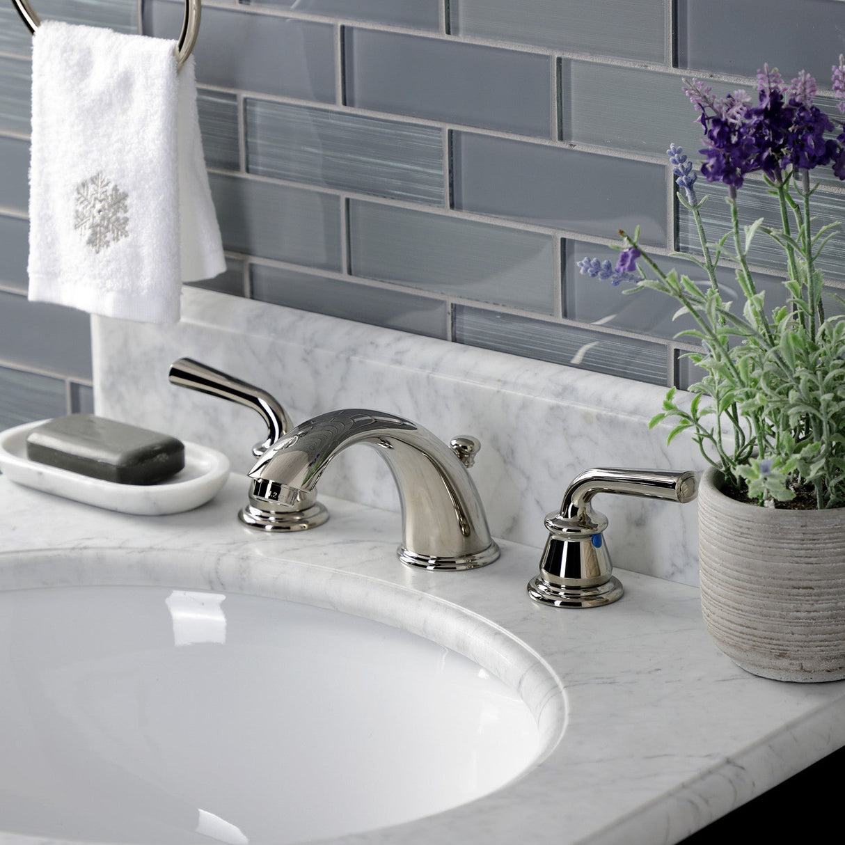 Restoration KB966RXLPN Two-Handle 3-Hole Deck Mount Widespread Bathroom Faucet with Plastic Pop-Up, Polished Nickel