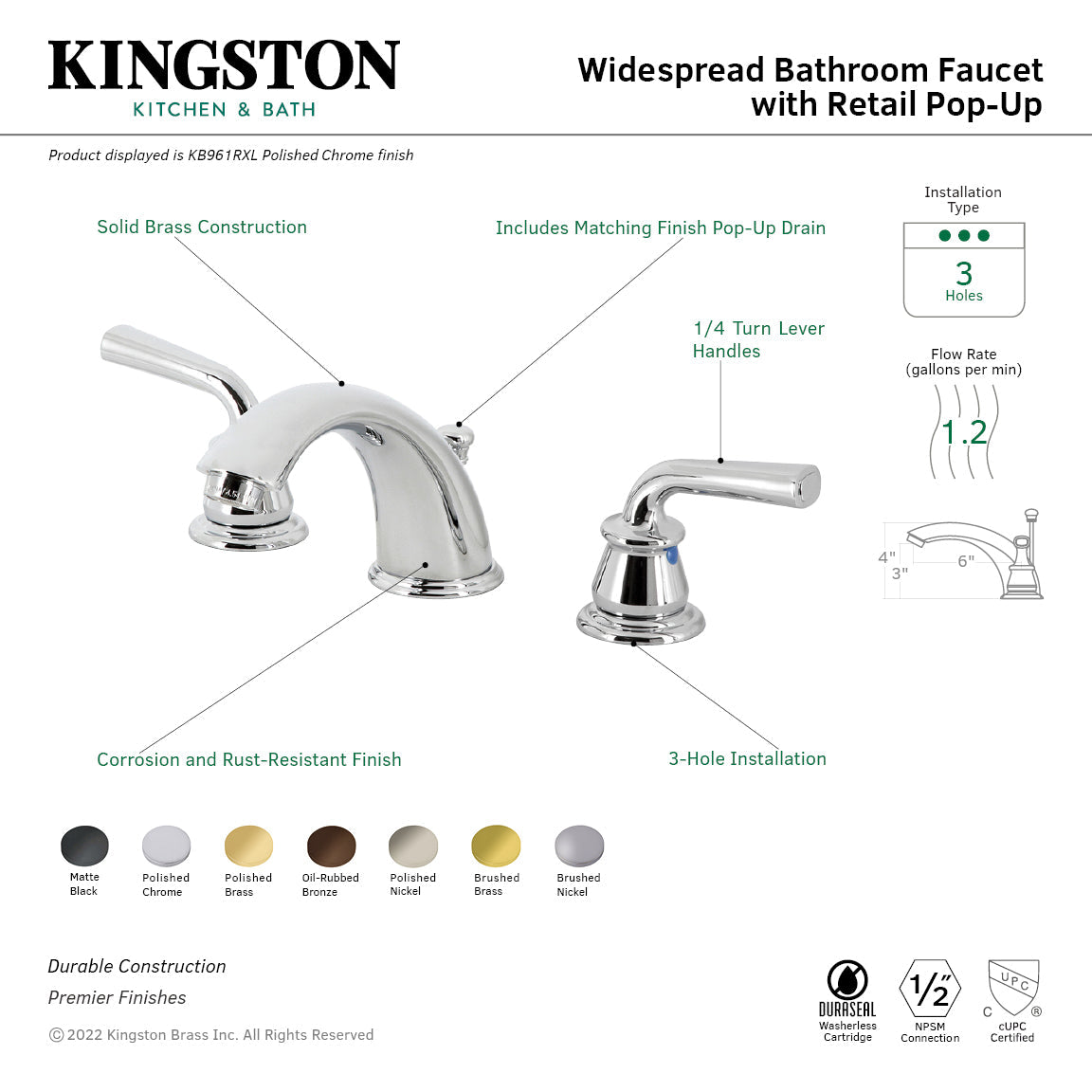 Restoration KB967RXLSB Two-Handle 3-Hole Deck Mount Widespread Bathroom Faucet with Plastic Pop-Up, Brushed Brass