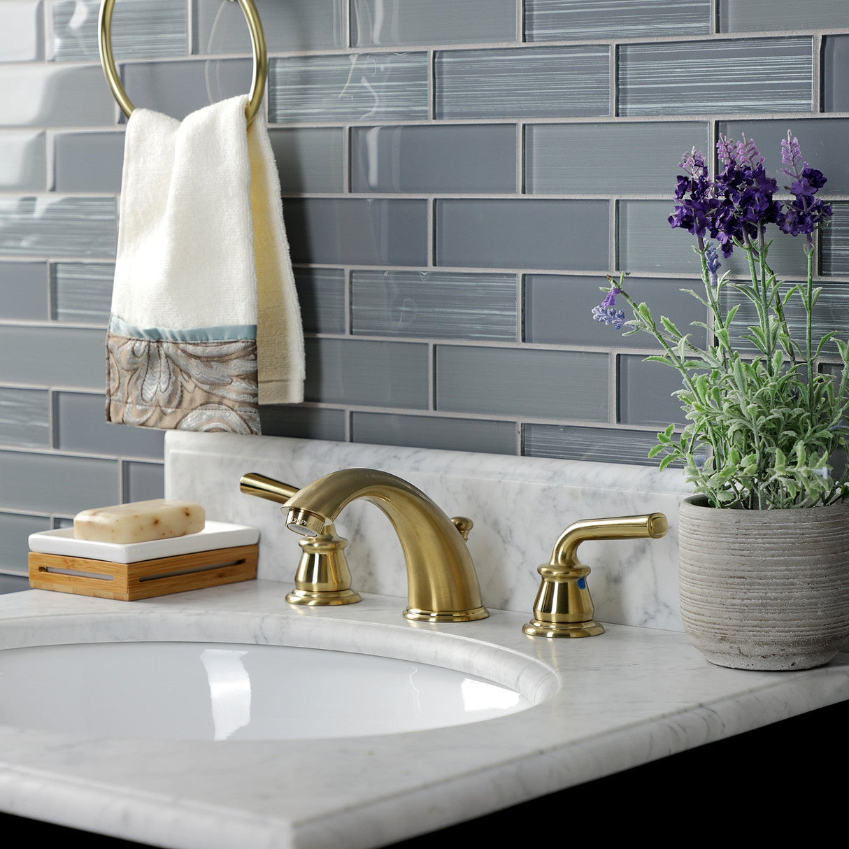 Restoration KB967RXLSB Two-Handle 3-Hole Deck Mount Widespread Bathroom Faucet with Plastic Pop-Up, Brushed Brass