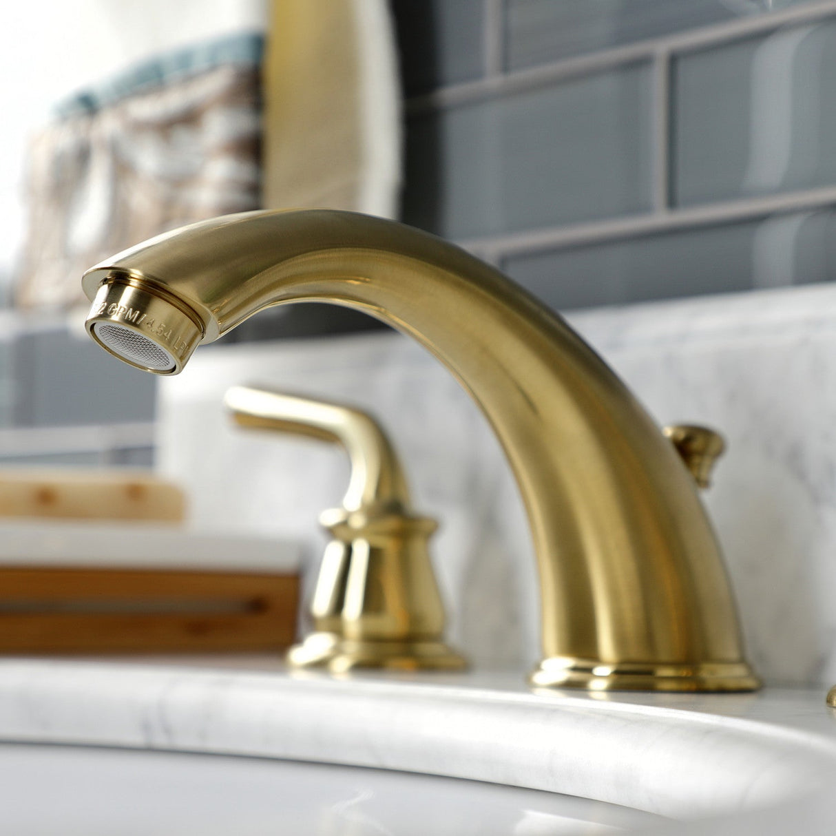 Restoration KB967RXLSB Two-Handle 3-Hole Deck Mount Widespread Bathroom Faucet with Plastic Pop-Up, Brushed Brass