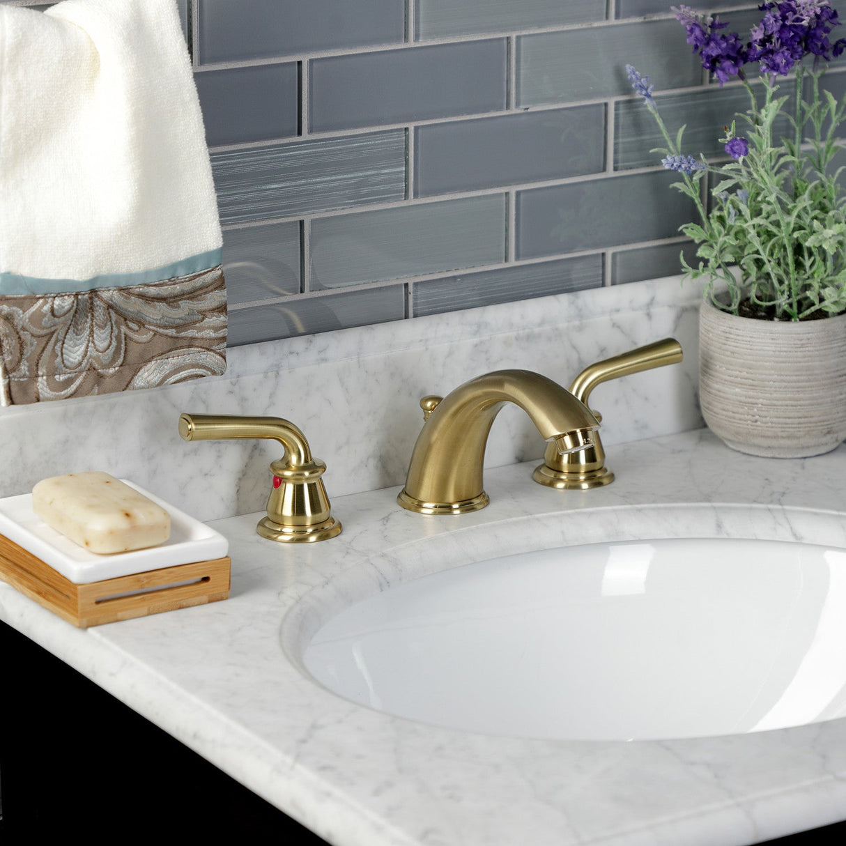 Restoration KB967RXLSB Two-Handle 3-Hole Deck Mount Widespread Bathroom Faucet with Plastic Pop-Up, Brushed Brass