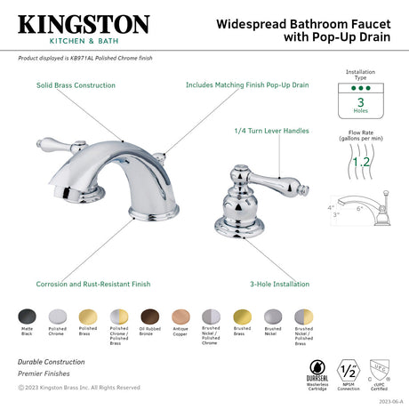 Victorian KB972AL Two-Handle 3-Hole Deck Mount Widespread Bathroom Faucet with Plastic Pop-Up, Polished Brass