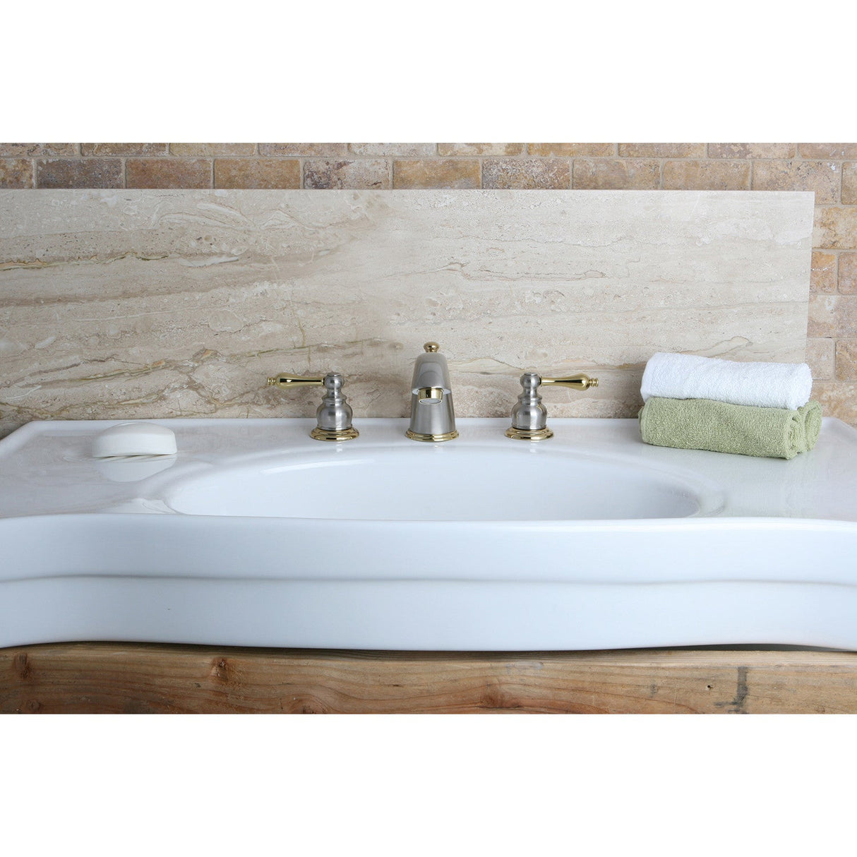 Victorian KB979AL Two-Handle 3-Hole Deck Mount Widespread Bathroom Faucet with Plastic Pop-Up, Brushed Nickel/Polished Brass