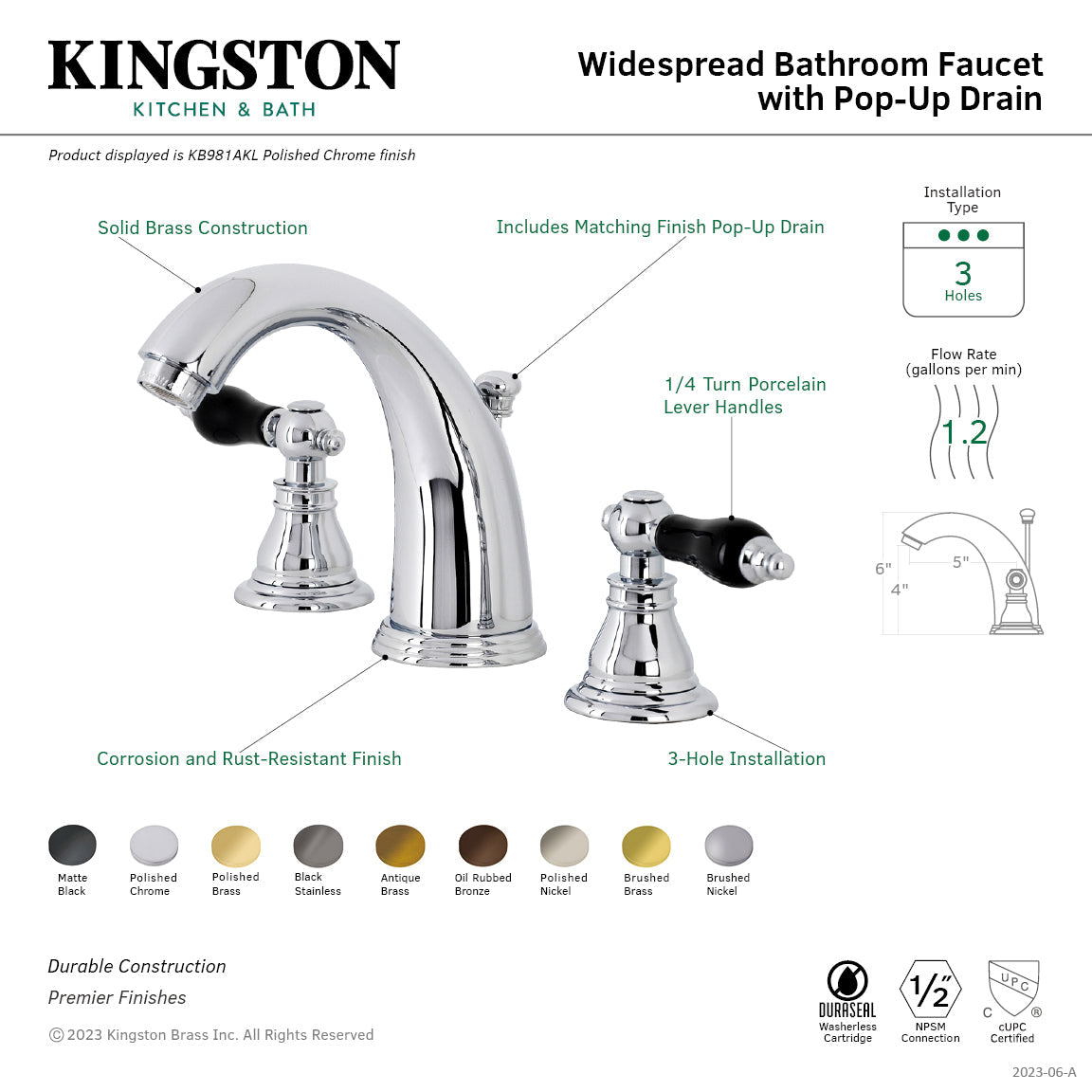 Duchess KB981AKL Two-Handle 3-Hole Deck Mount Widespread Bathroom Faucet with Plastic Pop-Up, Polished Chrome
