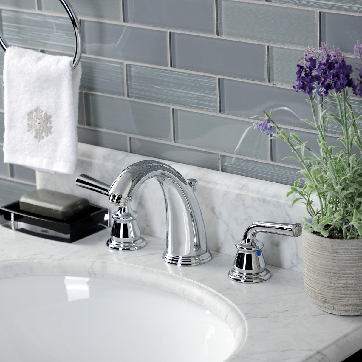 Restoration KB981RXL Two-Handle 3-Hole Deck Mount Widespread Bathroom Faucet with Plastic Pop-Up, Polished Chrome