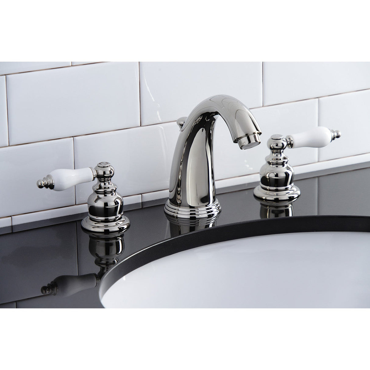 Victorian KB986PLPN Two-Handle 3-Hole Deck Mount Widespread Bathroom Faucet with Plastic Pop-Up, Polished Nickel
