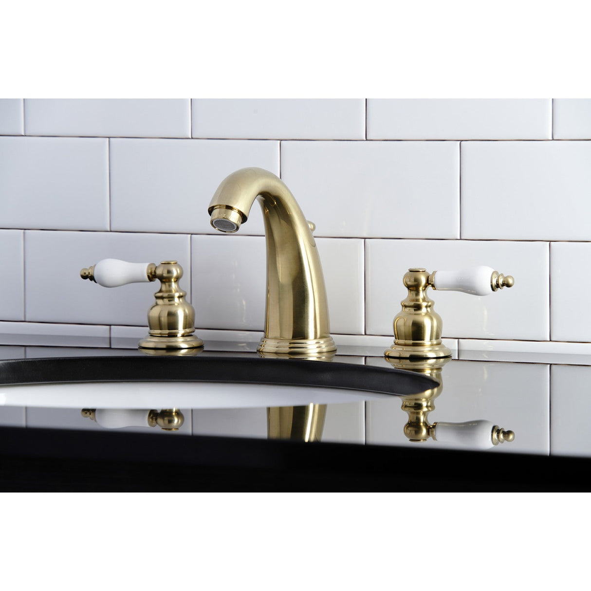 Victorian KB987PLSB Two-Handle 3-Hole Deck Mount Widespread Bathroom Faucet with Plastic Pop-Up, Brushed Brass