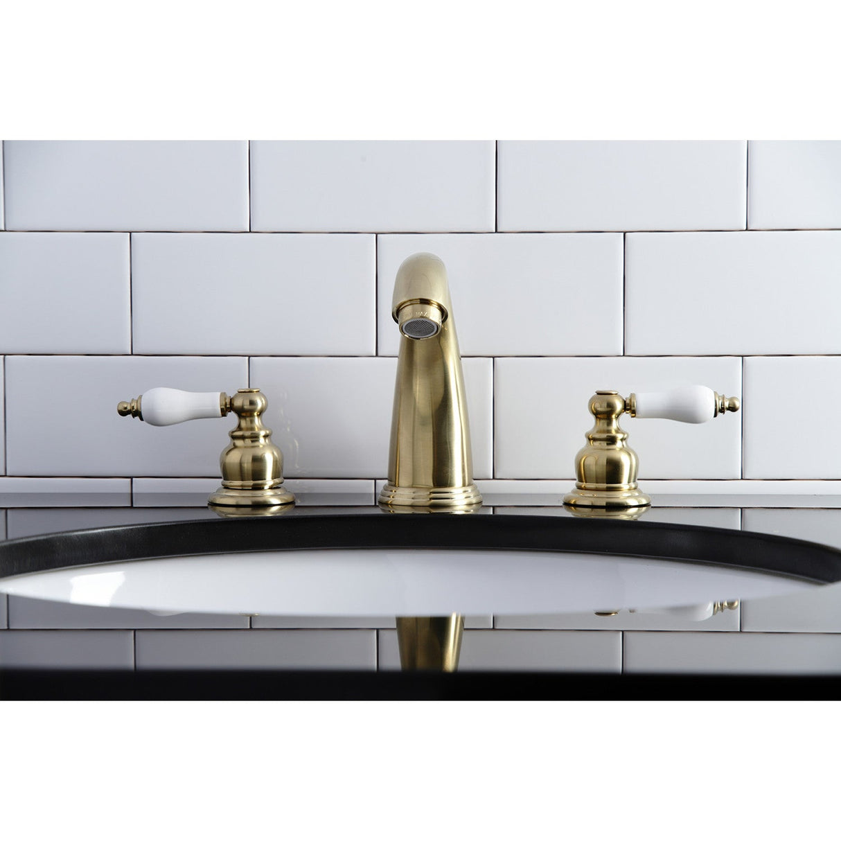 Victorian KB987PLSB Two-Handle 3-Hole Deck Mount Widespread Bathroom Faucet with Plastic Pop-Up, Brushed Brass