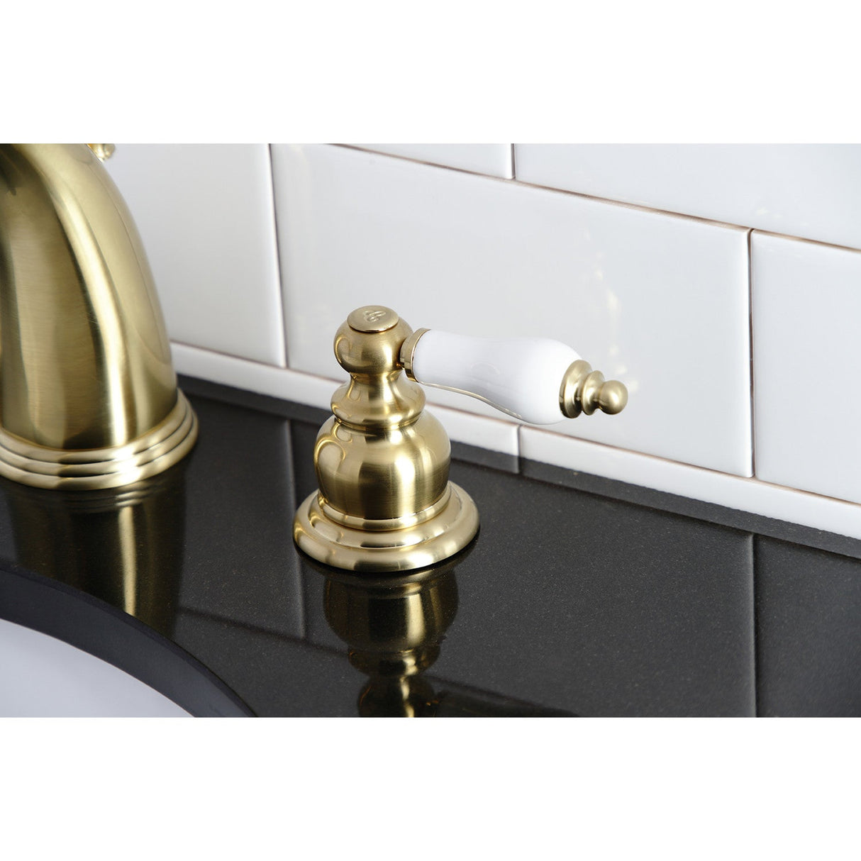 Victorian KB987PLSB Two-Handle 3-Hole Deck Mount Widespread Bathroom Faucet with Plastic Pop-Up, Brushed Brass