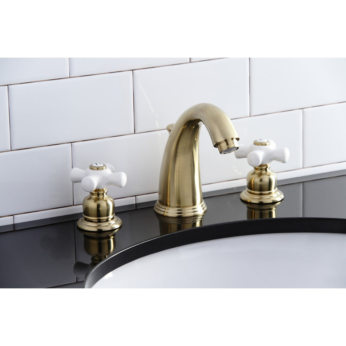 Victorian KB987PXSB Two-Handle 3-Hole Deck Mount Widespread Bathroom Faucet with Plastic Pop-Up, Brushed Brass