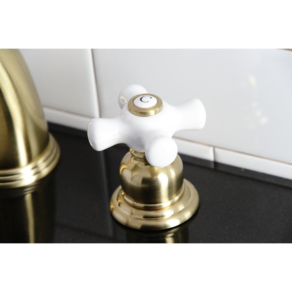 Victorian KB987PXSB Two-Handle 3-Hole Deck Mount Widespread Bathroom Faucet with Plastic Pop-Up, Brushed Brass