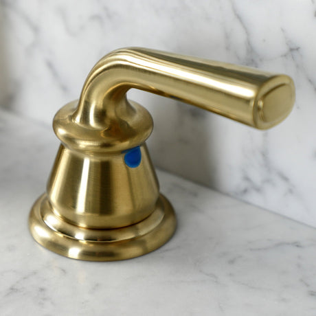 Restoration KB987RXLSB Two-Handle 3-Hole Deck Mount Widespread Bathroom Faucet with Plastic Pop-Up, Brushed Brass