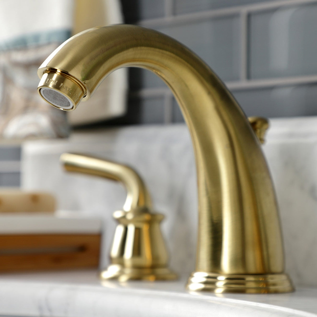 Restoration KB987RXLSB Two-Handle 3-Hole Deck Mount Widespread Bathroom Faucet with Plastic Pop-Up, Brushed Brass