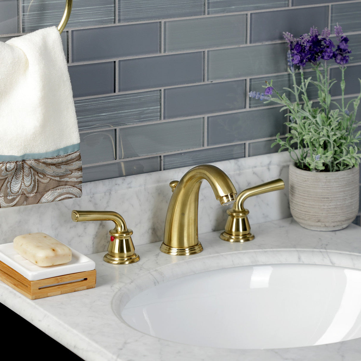 Restoration KB987RXLSB Two-Handle 3-Hole Deck Mount Widespread Bathroom Faucet with Plastic Pop-Up, Brushed Brass