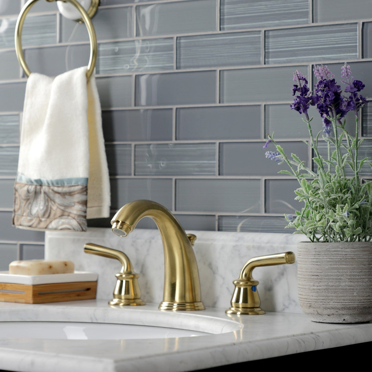 Restoration KB987RXLSB Two-Handle 3-Hole Deck Mount Widespread Bathroom Faucet with Plastic Pop-Up, Brushed Brass