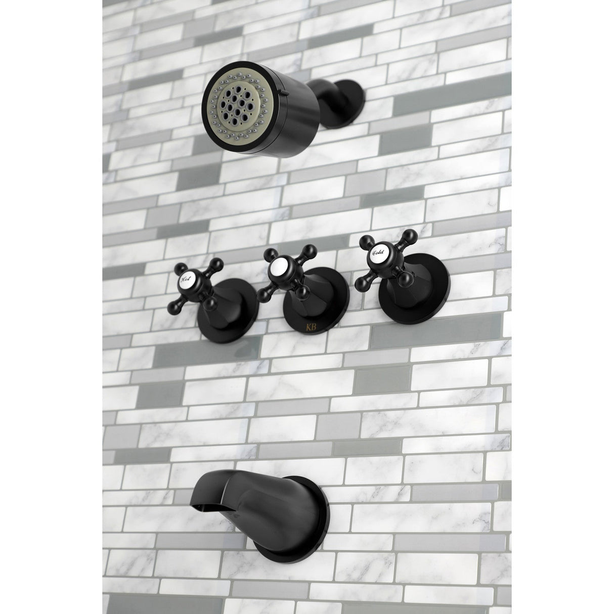 Metropolitan KBX8130BX Three-Handle 5-Hole Wall Mount Tub and Shower Faucet, Matte Black