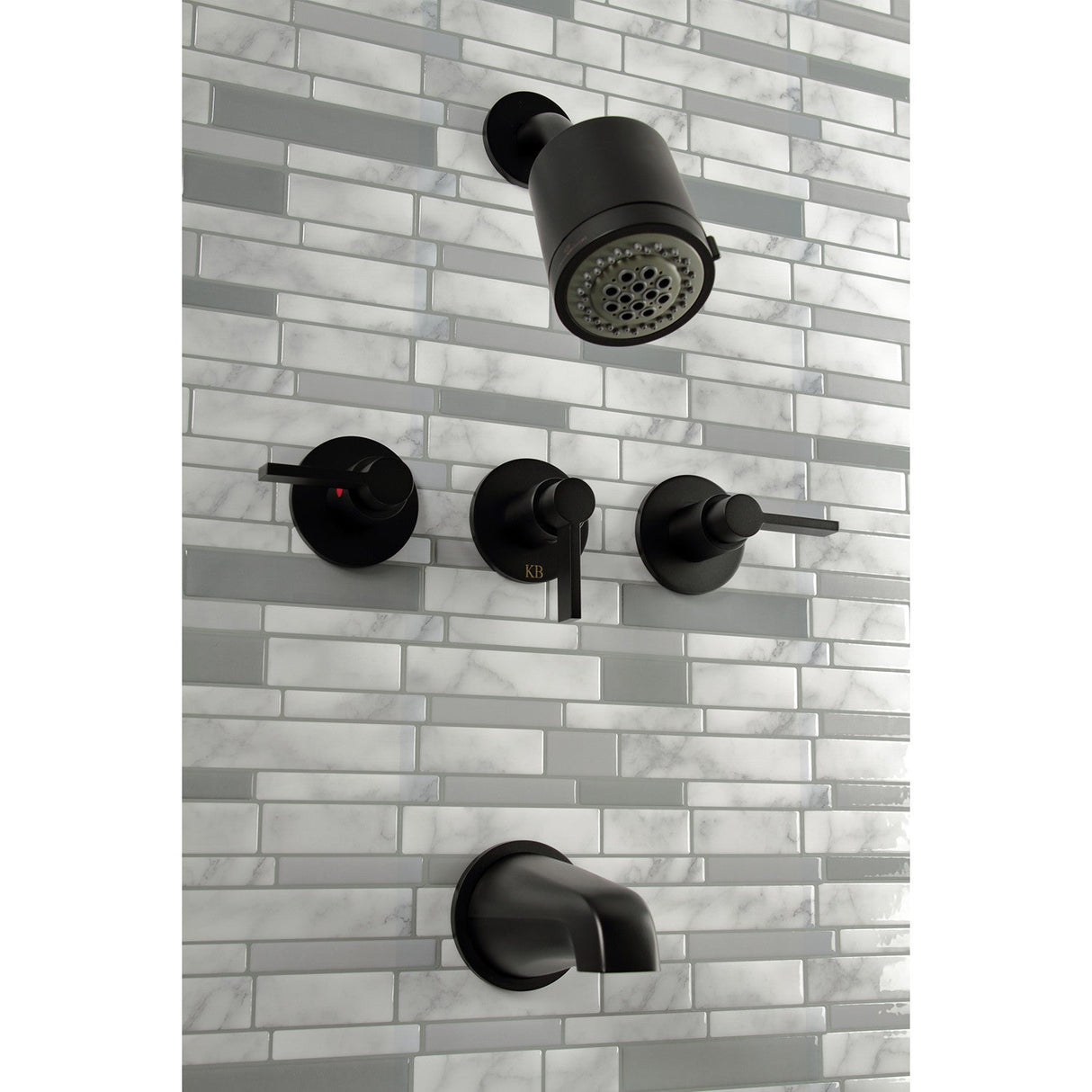 NuvoFusion KBX8130NDL Three-Handle 5-Hole Wall Mount Tub and Shower Faucet, Matte Black