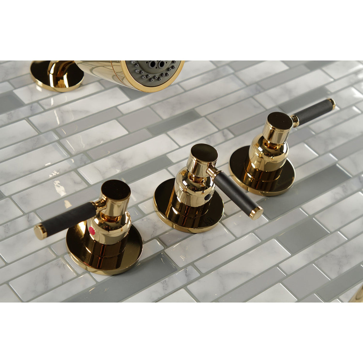 Kaiser KBX8132DKL Three-Handle 5-Hole Wall Mount Tub and Shower Faucet, Polished Brass