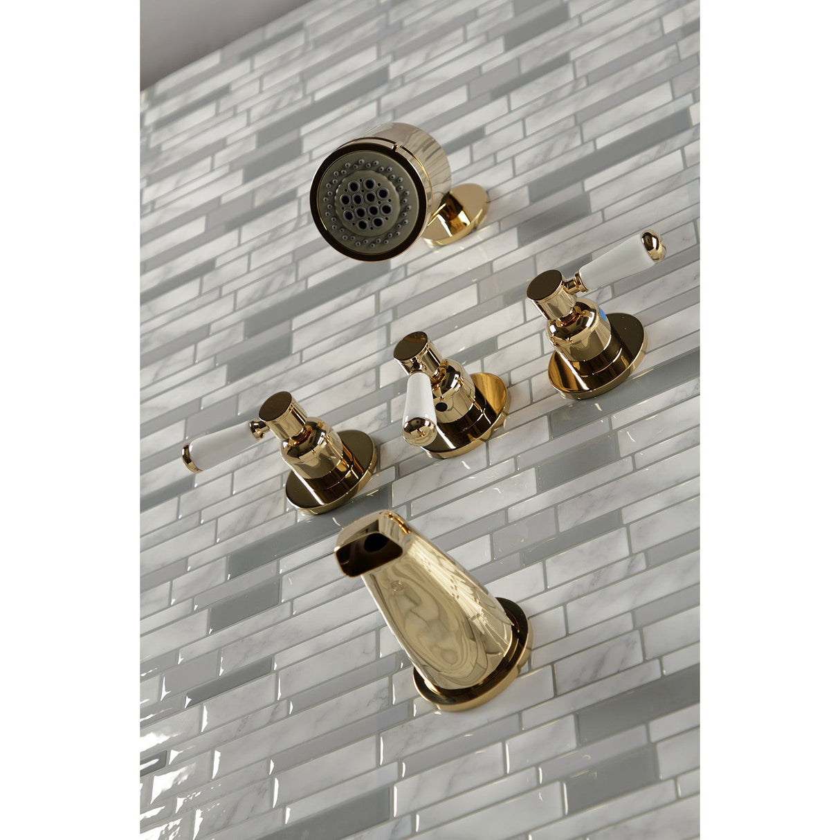 Paris KBX8132DPL Three-Handle 5-Hole Wall Mount Tub and Shower Faucet, Polished Brass