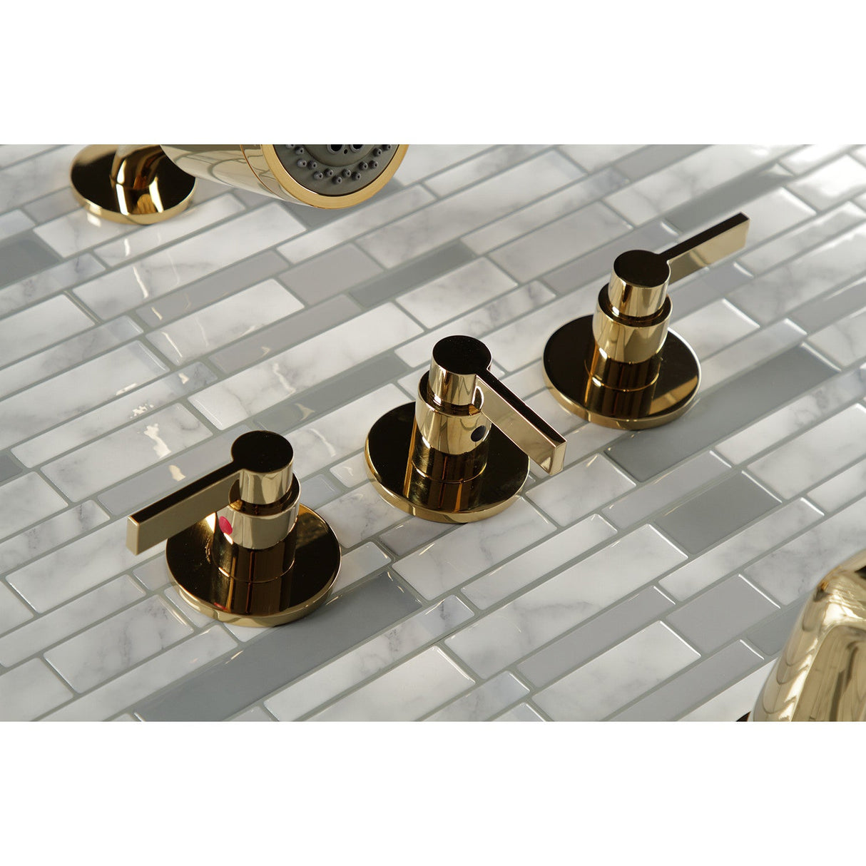 NuvoFusion KBX8132NDL Three-Handle 5-Hole Wall Mount Tub and Shower Faucet, Polished Brass